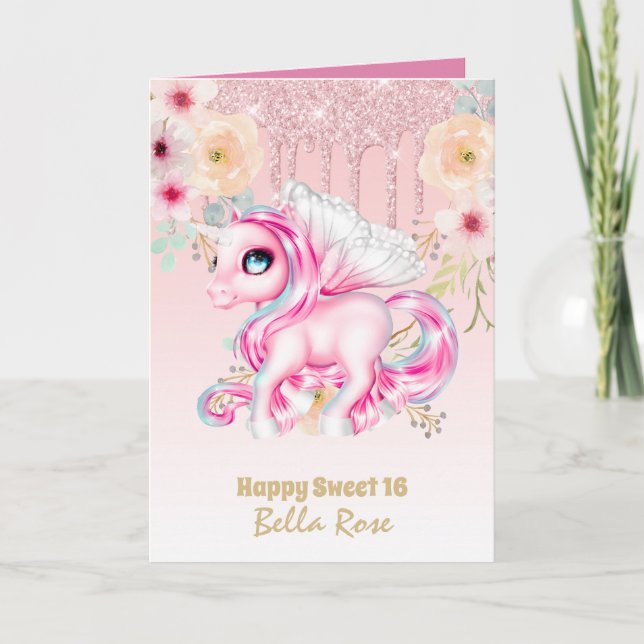 Personalised Sweet 16 Pretty Unicorn Birthday Card (Front)