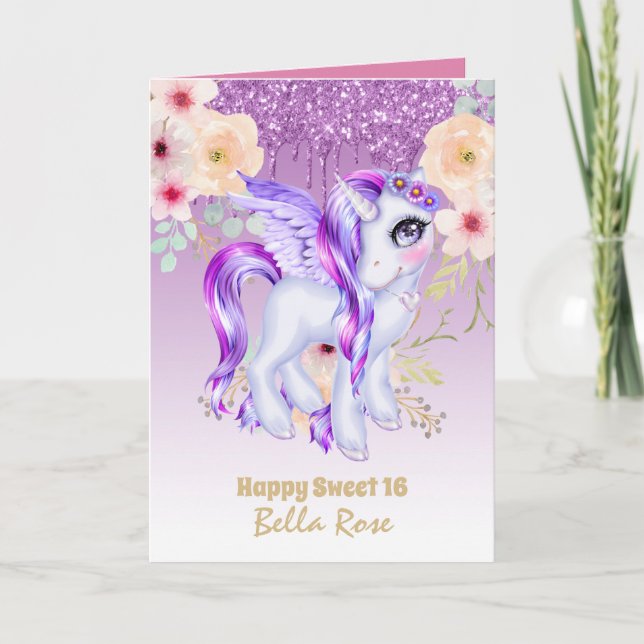 Personalised Sweet 16 Pretty Unicorn Birthday Card (Front)