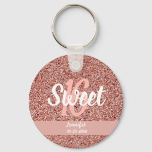 Personalised Sweet 16 Rose Gold Pink Glitter Key Ring