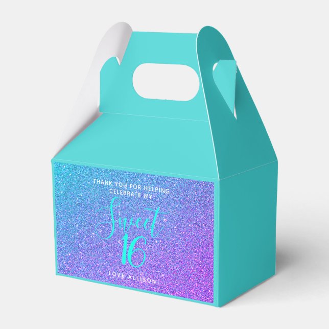 Personalised Sweet 16 Teal Purple Glitter Party Favour Box (Front Side)