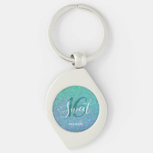 Personalised Sweet 16 Turquoise Blue Glitter Glam Key Ring
