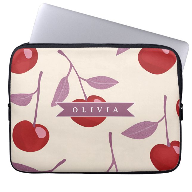 Personalised Sweet Cherry Pattern Cute Girly Retro Laptop Sleeve (Front)