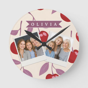 Personalised Sweet Cherry Pattern Cute Girly Retro Round Clock