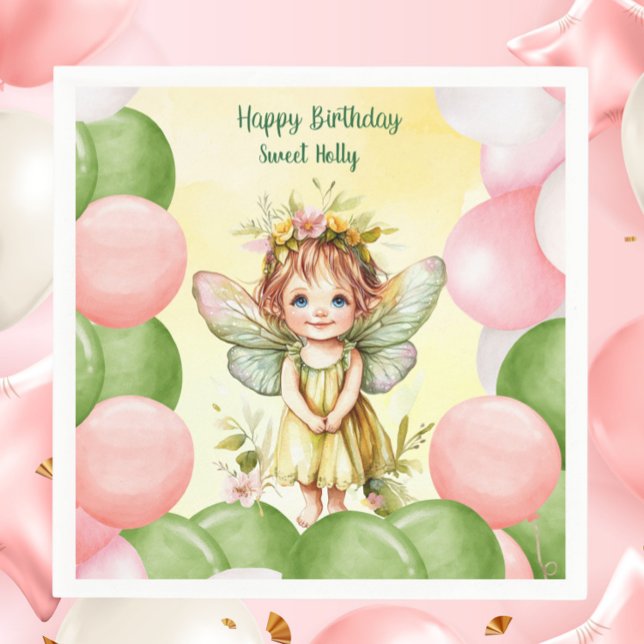 Personalised Sweet Fairy 1st Birthday Napkins (Personalized Sweet Fairy 1st Birthday Napkin | Pastel Pink & Green Balloons)
