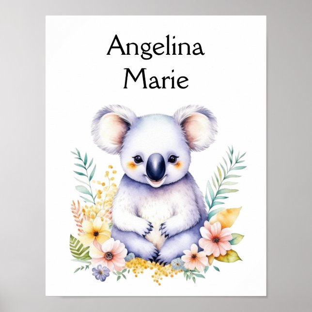 Personalised Sweet Koala Bear Baby Nursery Art Poster (Front)