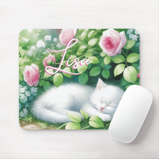 Personalised Sweet White Kitten Napping Mouse Mat (With Mouse)