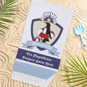 Personalised Swimming Club Crest Cute Penguin Kids Beach Towel