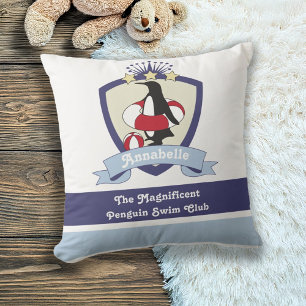 Personalised Swimming Club Crest Cute Penguin Kids Cushion