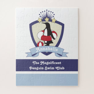Personalised Swimming Club Crest Cute Penguin Kids Jigsaw Puzzle