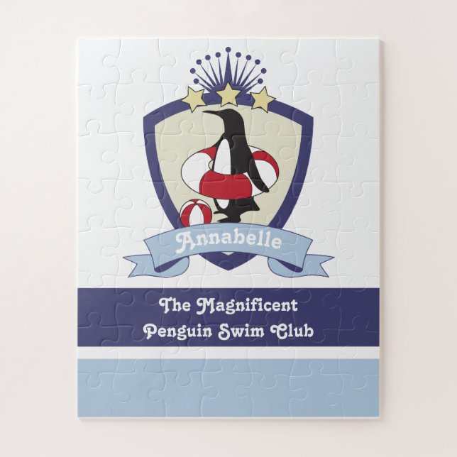 Personalised Swimming Club Crest Cute Penguin Kids Jigsaw Puzzle (Vertical)