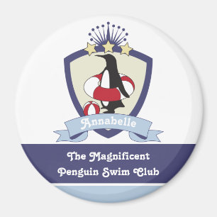 Personalised Swimming Club Crest Cute Penguin Kids Magnet