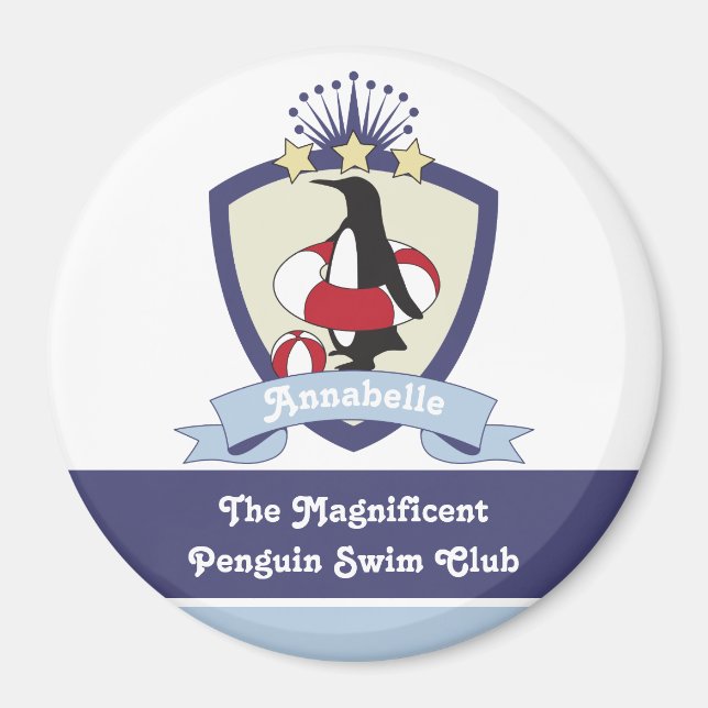 Personalised Swimming Club Crest Cute Penguin Kids Magnet (Front)