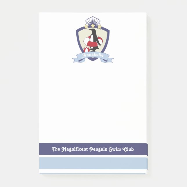 Personalised Swimming Club Crest Cute Penguin Kids Post-it Notes (Front)