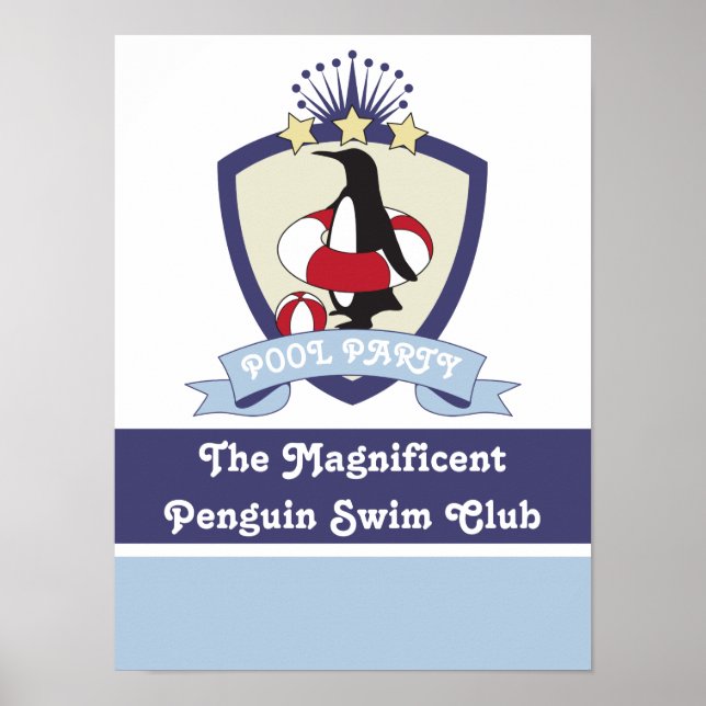 Personalised Swimming Club Crest Cute Penguin Kids Poster (Front)