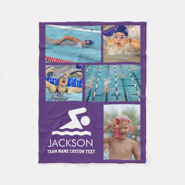 Personalised Swimming Photo Collage Swimmer's Name Fleece Blanket (Front)
