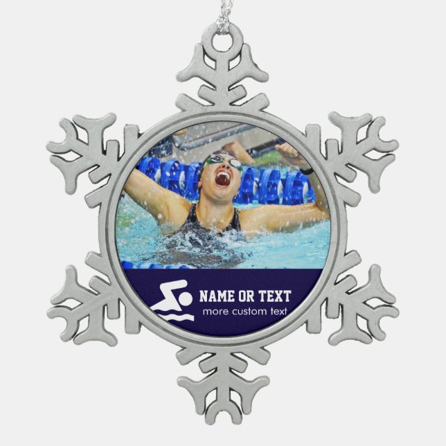 Personalised Swimming Photo Swimmer Name Christmas Snowflake Pewter Christmas Ornament (Front)