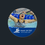 Personalised Swimming Photo Swimmer & Team Name 3 Cm Round Badge<br><div class="desc">Show some pride for your swimmer with this fun button. Customise by adding a photo of your swimmer or your swimmer's team and two lines of custom text - name, year, etc. Easily change the background colour to coordinate with your photo. Choose from 5 button sizes. Makes a fun end...</div>
