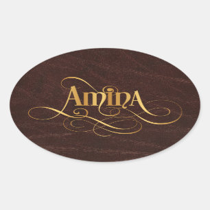 Personalised Swirly Script Amina Gold on Leather Oval Sticker