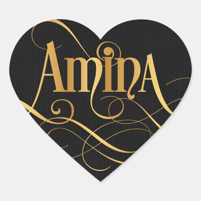 Personalised Swirly Script Amina Heart Sticker (Front)