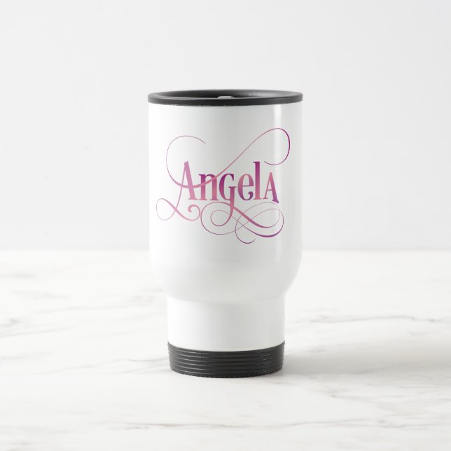 Personalised Swirly Script Angela Pink on Black Travel Mug (Center)