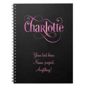 Personalised Swirly Script Charlotte Pink on Black Notebook