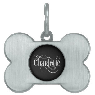 Personalised Swirly Script Charlotte Silv on Black Pet Name Tag