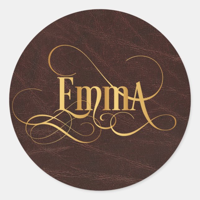 Personalised Swirly Script Emma Gold on Leather Classic Round Sticker (Front)