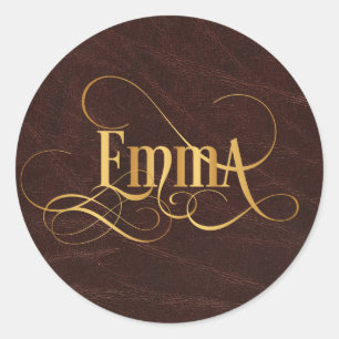 Personalised Swirly Script Emma Gold on Leather Classic Round Sticker
