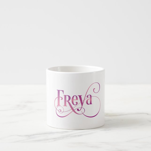 Personalised Swirly Script Freya Pink on Black Espresso Cup (Front)