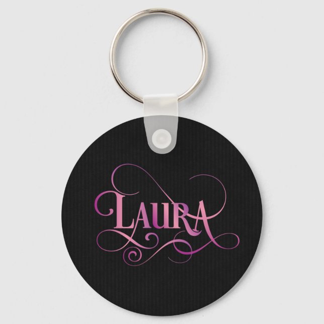 Personalised Swirly Script Laura Pink on Black Key Ring (Front)