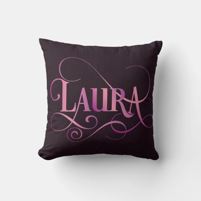 Personalised Swirly Script Laura Pink on Purple Cushion (Front)