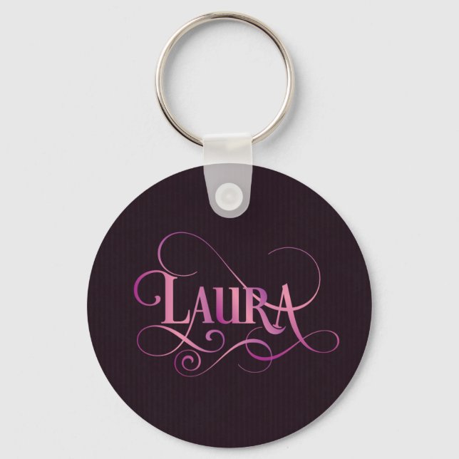 Personalised Swirly Script Laura Pink on Purple Key Ring (Front)