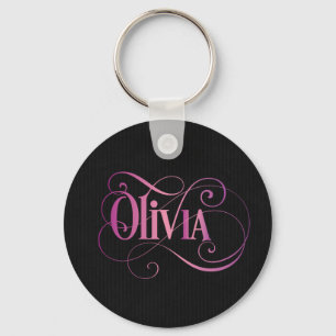 Personalised Swirly Script Olivia Pink on Black Key Ring