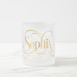 Personalised Swirly Script Sophia Gold Frosted Glass Coffee Mug