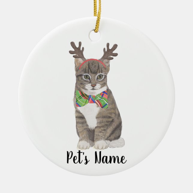 Personalised Tabby Cat (Grey) Antlers & Bow Tie Ceramic Tree Decoration (Front)