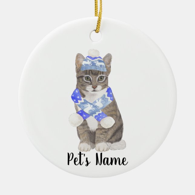 Personalised Tabby Cat (Grey) Blue Ski Hat & Scarf Ceramic Tree Decoration (Front)