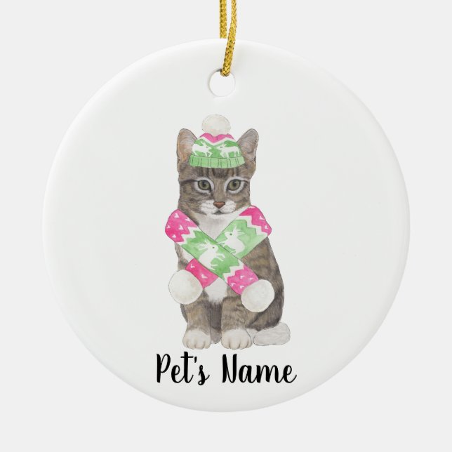 Personalised Tabby Cat (Grey) Pink & Green Scarf Ceramic Tree Decoration (Front)