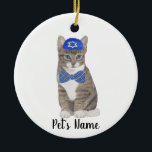 Personalised Tabby Cat (Grey) Yarmulke & Bow Tie Ceramic Tree Decoration<br><div class="desc">Make the nice list this year with an ornament of your favourite tabby cat elf! For the sweetest gifts, pair it with a matching art print or another item from my collection for a thoughtful housewarming, cat mum, bridal shower, teacher, mother-in-law, husband, boyfriend, secret santa, sympathy, or tough-to-shop-for gift! To...</div>