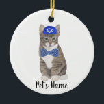 Personalised Tabby Cat (Grey) Yarmulke & Bow Tie Ceramic Tree Decoration<br><div class="desc">Make the nice list this year with an ornament of your favourite tabby cat elf! For the sweetest gifts, pair it with a matching art print or another item from my collection for a thoughtful housewarming, cat mum, bridal shower, teacher, mother-in-law, husband, boyfriend, secret santa, sympathy, or tough-to-shop-for gift! To...</div>