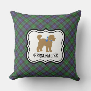 Personalised Tan Doodle Dog Blue Plaid  Cushion