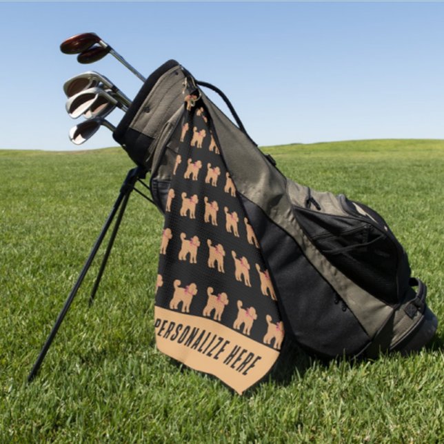 Personalised Tan Doodle Dog on Black  Golf Towel (Fun gift for a special person!)
