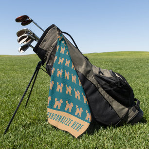 Personalised Tan Doodle Dog on Dark Blue Green Golf Towel