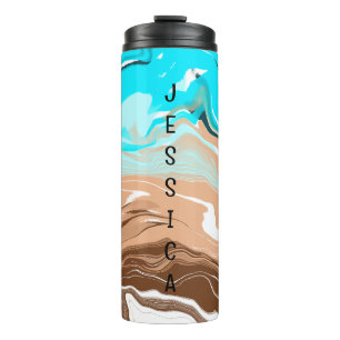 Personalised Tan to Blue Ombre Fluid Art Thermal Tumbler