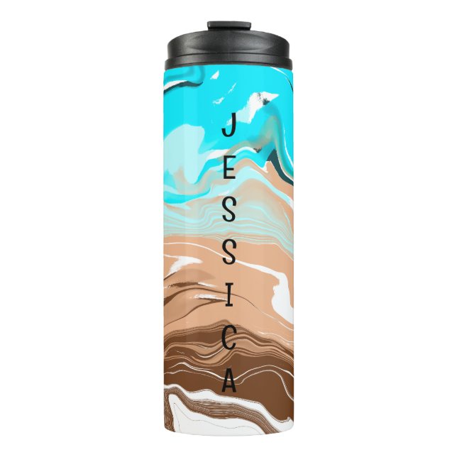 Personalised Tan to Blue Ombre Fluid Art Thermal Tumbler (Front)
