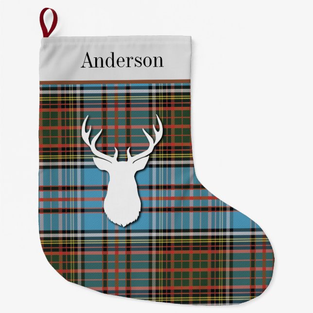 Personalised Tartan Clan Anderson Blue Plaid Large Christmas Stocking (Front)