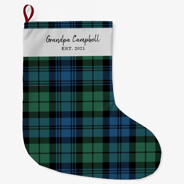 Personalised Tartan Clan Campbell Plaid Grandpa Large Christmas Stocking (Front)