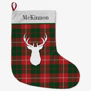 Personalised Tartan Clan McKinnon Green Red Plaid Large Christmas Stocking