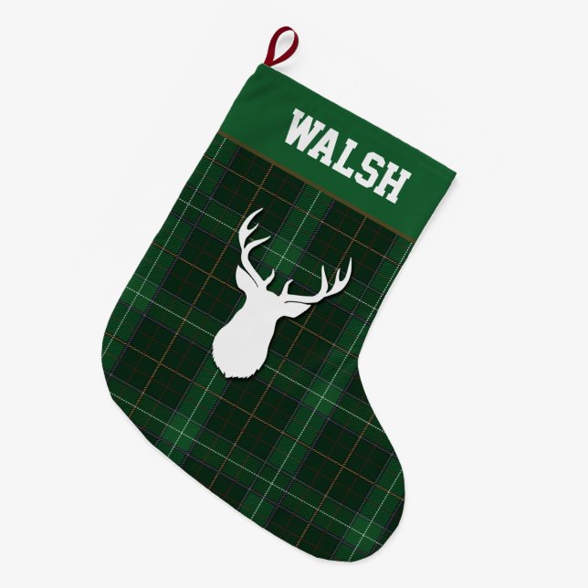 Personalised Tartan Deer Plaid Walsh Large Christmas Stocking (Front (Hanging))