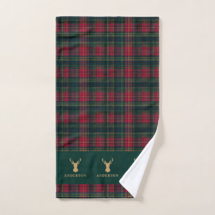 Personalised Tartan Plaid Stag Christmas Family Hand Towel