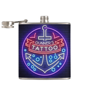 Personalised Tattoo Shop Nautical Neon Sign Style Hip Flask